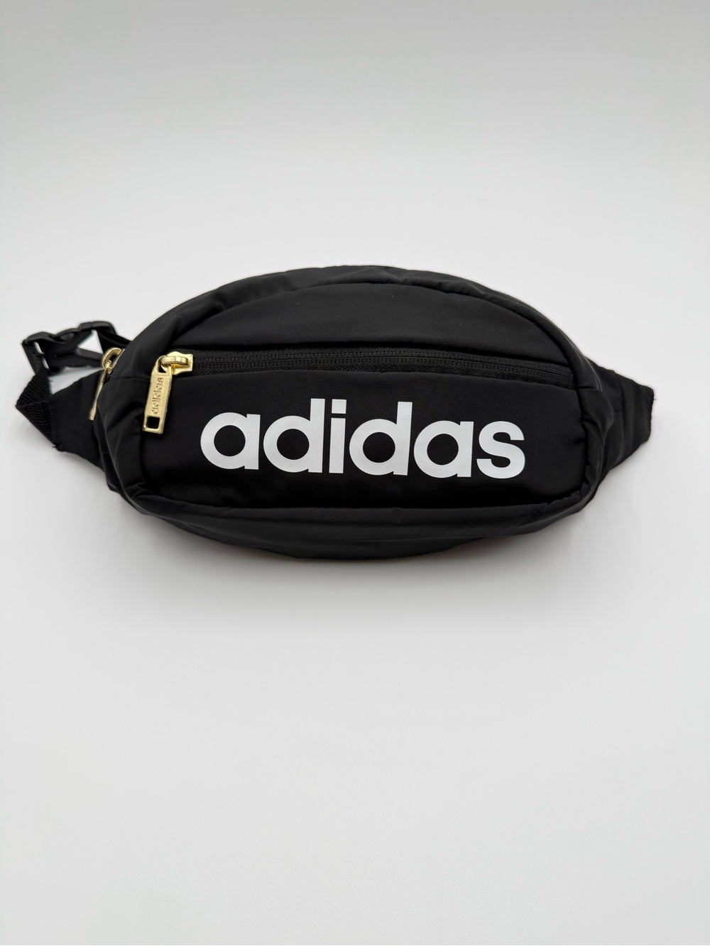Adidas Black Waist Bag Fanny Pack White Logo Gold Zippers Adjustable Belt